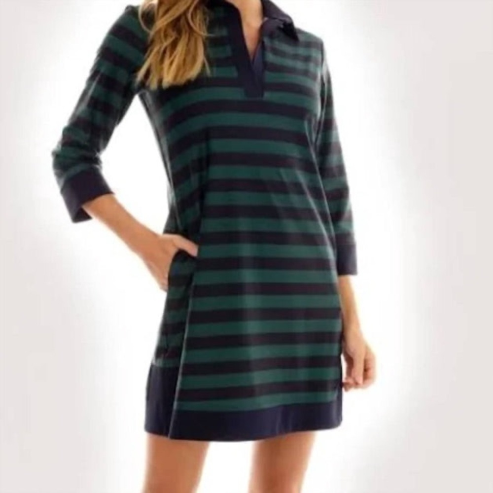 Finley Navy Blue and Green Rugby Striped Jude Connolly Dress with Pockets.